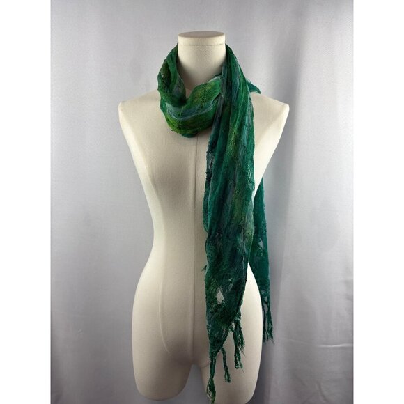 Women’s Green, Blue, & Teal Tasseled Knit & Mesh Scarf - Picture 5 of 6